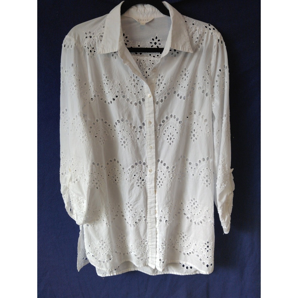 Womens Eyelet Embroidered Button Front Tunic  Shirt Size L Coastal Boho Cottage